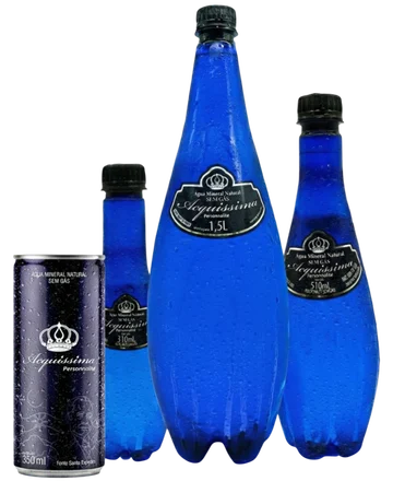 Linha de água mineral Aquissima em latas e garrafas
