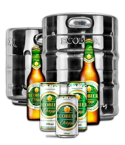 Linha Ecobier Chopp com latas, garrafas e barris
